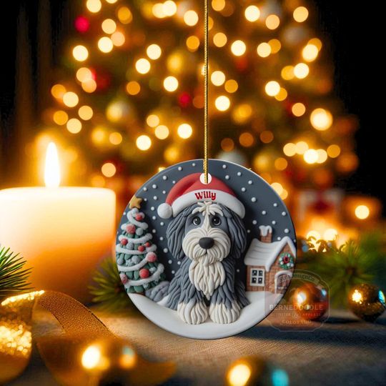 Personalized Sheepadoodle Ceramic Ornament - Two Sided Clay Scene