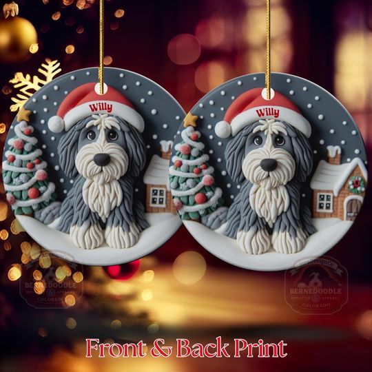 Personalized Sheepadoodle Ceramic Ornament - Two Sided Clay Scene