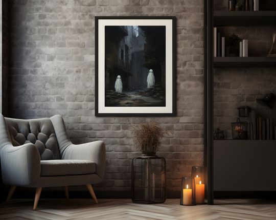 Ghosts Walking On the Street Digital Print, Ghost Spooky Decor Wall Art