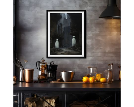 Ghosts Walking On the Street Digital Print, Ghost Spooky Decor Wall Art