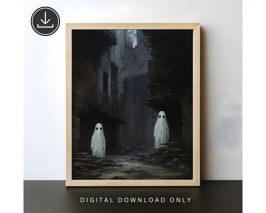 Ghosts Walking On the Street Digital Print, Ghost Spooky Decor Wall Art