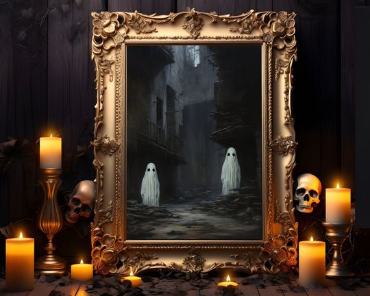 Ghosts Walking On the Street Digital Print, Ghost Spooky Decor Wall Art