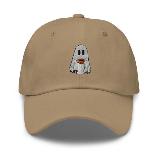 Ghost with Coffee Embroidered Adjustable Relaxed Fit Hat, Ghost Hat