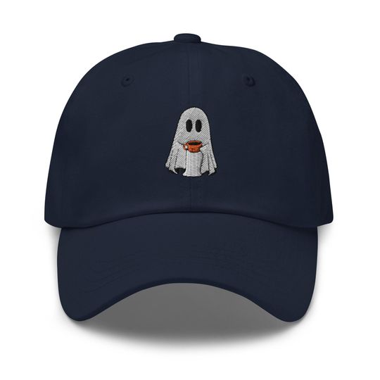 Ghost with Coffee Embroidered Adjustable Relaxed Fit Hat, Ghost Hat