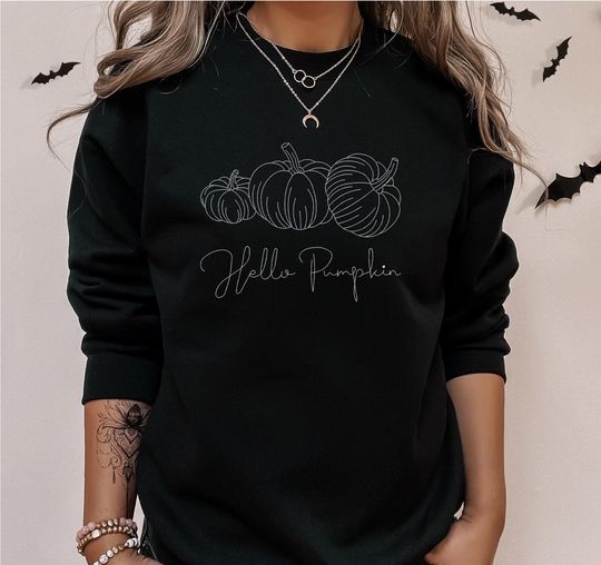 Hello Pumpkin Halloween Sweatshirt, Embroidered Pullover Crewneck Sweatshirt