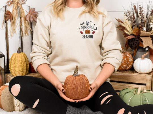 Spooky Season Halloween Sweatshirt, Embroidered Ghost & Pumpkin Sweatshirt