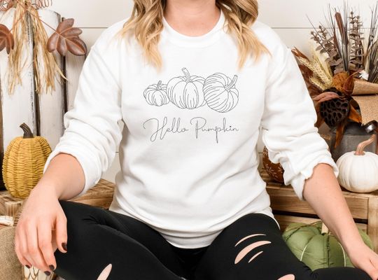 Hello Pumpkin Halloween Sweatshirt, Embroidered Pullover Crewneck Sweatshirt