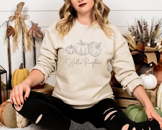 Hello Pumpkin Halloween Sweatshirt, Embroidered Pullover Crewneck Sweatshirt