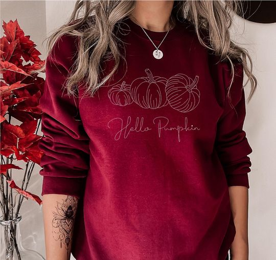 Hello Pumpkin Halloween Sweatshirt, Embroidered Pullover Crewneck Sweatshirt