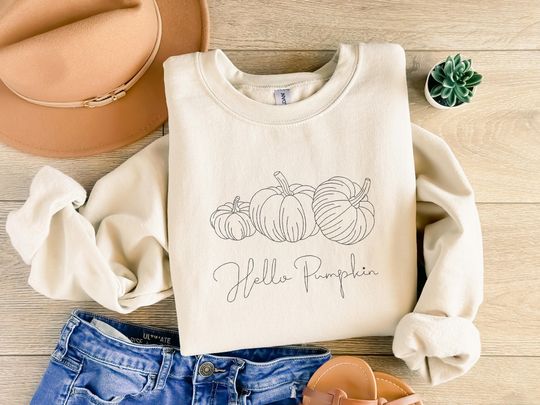 Hello Pumpkin Halloween Sweatshirt, Embroidered Pullover Crewneck Sweatshirt