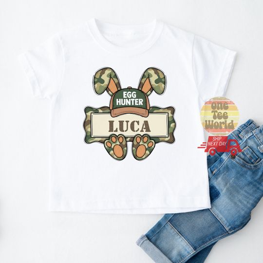 Personalized Easter Camo Bunny Toddler Tee, Custom Name Neutral Easter Tee, Cousin Crew Easter Shirt, Boy Easter Tee, Girl Easter Bunny Tee9