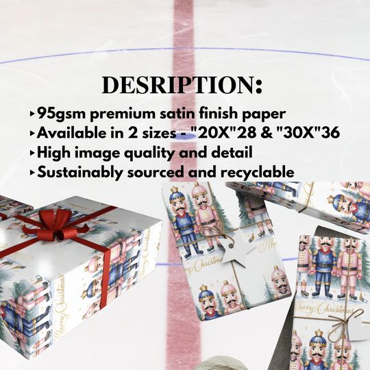 Nutcracker Hockey Christmas Wrapping Paper, Festive Gift Wrap