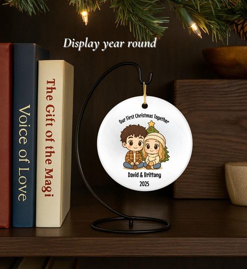 Our First Christmas Together Ornament, Personalized Chibi Style Relationship Keepsake, Chibi Couples Ornament Gift