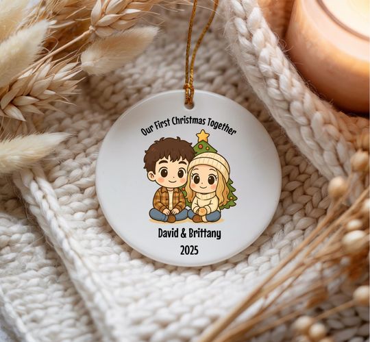 Our First Christmas Together Ornament, Personalized Chibi Style Relationship Keepsake, Chibi Couples Ornament Gift