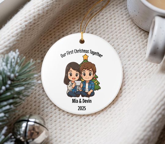 Our First Christmas Together Ornament, Personalized Chibi Style Relationship Keepsake, Chibi Couples Ornament Gift