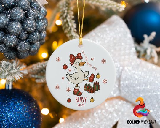 Personalized Name Funny Goose on the Loose Christmas Ceramic Ornament