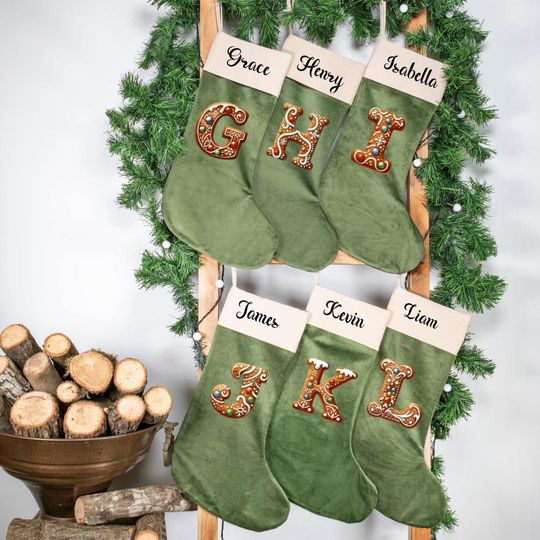 Gingerbread Velvet Christmas Stocking - Custom Name, Velvet for Kids & Pets