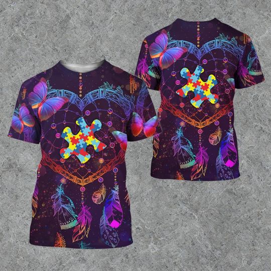 Dreamcatcher Autism Puzzle 3D T-Shirt, Feather & Butterfly Tee