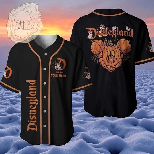 Custom Halloween Disneyland Baseball Jersey, Mickey Pumpkin Jersey Shirt