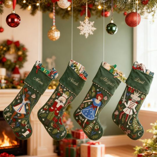 Christmas Stocking Personalized,Custom Nutcracker Velvet Embroidered Christmas Stocking with Name,Family Stocking
