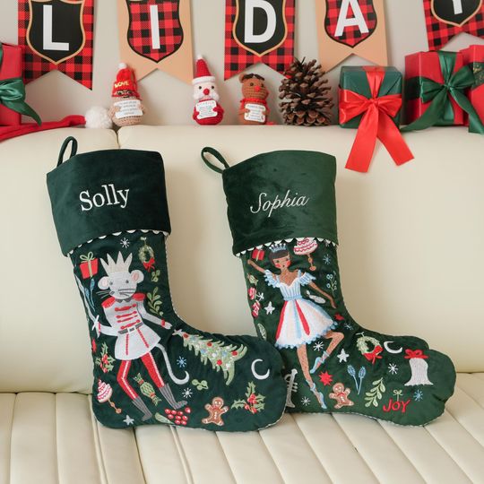 Christmas Stocking Personalized,Custom Nutcracker Velvet Embroidered Christmas Stocking with Name,Family Stocking