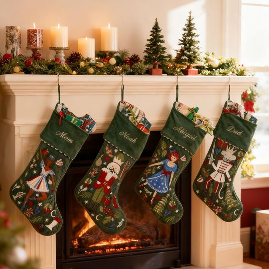 Christmas Stocking Personalized,Custom Nutcracker Velvet Embroidered Christmas Stocking with Name,Family Stocking