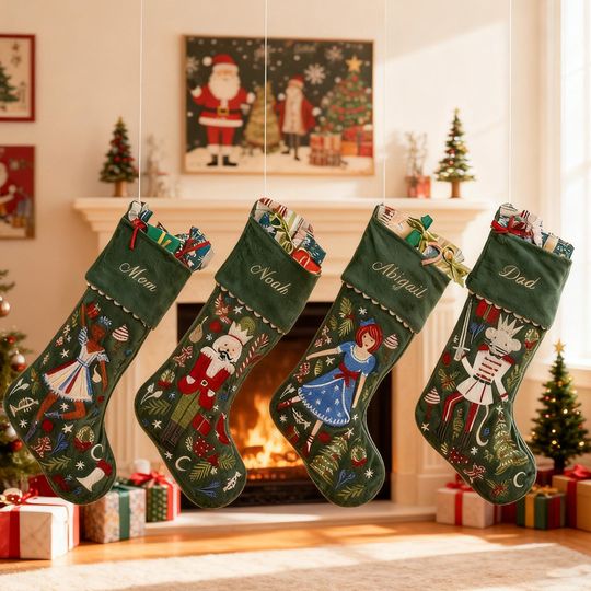 Christmas Stocking Personalized,Custom Nutcracker Velvet Embroidered Christmas Stocking with Name,Family Stocking