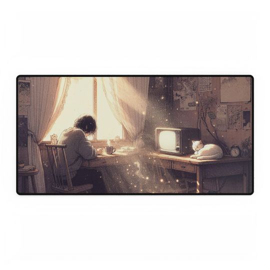 Lofi Mouse Pad Desk Mat for Home Office, Aesthetic Workspace Organizer