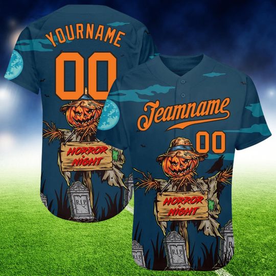 Custom 3D Halloween Scarecrow Baseball Jersey  Pumpkin Graveyard Design