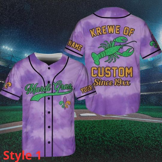 Custom Mardi Gras Baseball Jersey: Crawfish, Tie Dye, Personalized