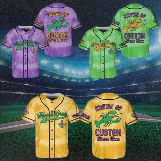 Custom Mardi Gras Baseball Jersey: Crawfish, Tie Dye, Personalized