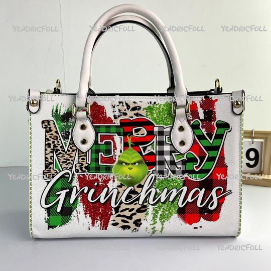 Merry Grin Leather Bag, funny character Christmas Leather Handbag, funny character Women Handbag, Christmas Gift, Custom Leather Bag