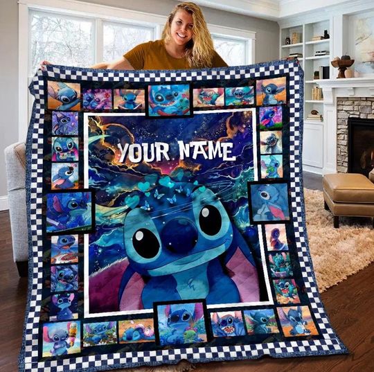 Disney Lilo and Stitch Fleece Blanket, Cute Stitch Bedding Throw, Personalized Christmas Blanket