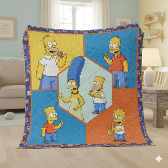 The Simpsons Family Quilt Blanket, Cartoon, Kids Room Bedding, Cozy Simpson Blanket, Animated TV Show Quilt, Simpsons Gift
