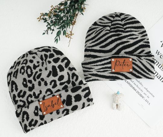 Cow Print Knit Beanie Thermal Winter Hat with Leather Label