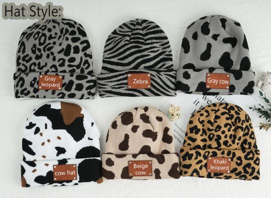 Cow Print Knit Beanie Thermal Winter Hat with Leather Label