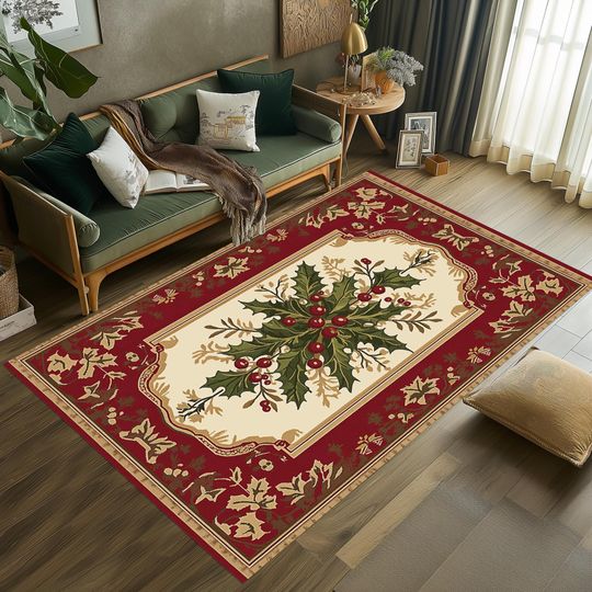 Rustic Floral Christmas Rug for Winter Holiday Decor