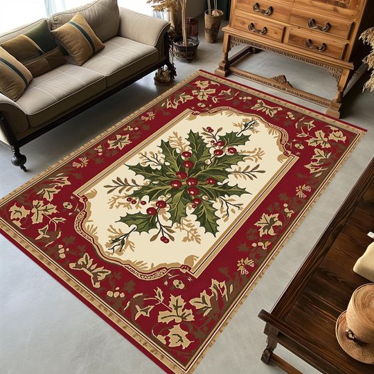 Rustic Floral Christmas Rug for Winter Holiday Decor