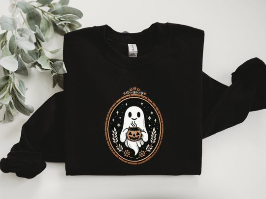 Cute Embroidery Ghost Sweatshirt, Pumpkin Spice Coffee Lover Ghost, Vintage Embroidered