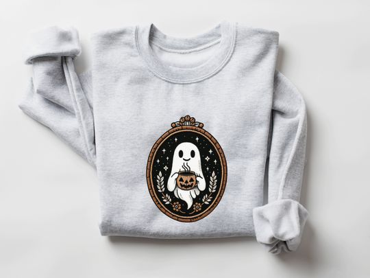 Cute Embroidery Ghost Sweatshirt, Pumpkin Spice Coffee Lover Ghost, Vintage Embroidered