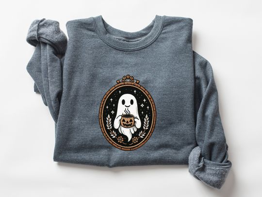 Cute Embroidery Ghost Sweatshirt, Pumpkin Spice Coffee Lover Ghost, Vintage Embroidered