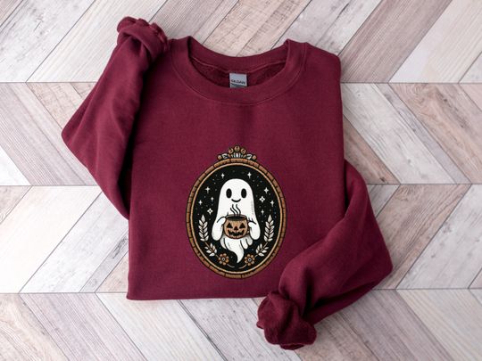 Cute Embroidery Ghost Sweatshirt, Pumpkin Spice Coffee Lover Ghost, Vintage Embroidered