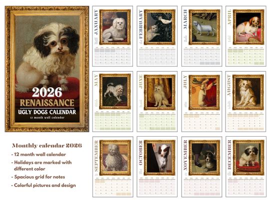 2026 Wall Calendar: Funny Renaissance Dogs