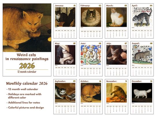 Weird cats in renaissance 2026 Wall Calendar