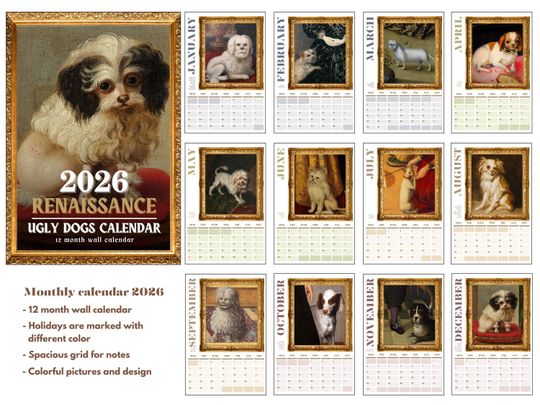 Funny Renaissance Dogs 2026 Wall Calendar