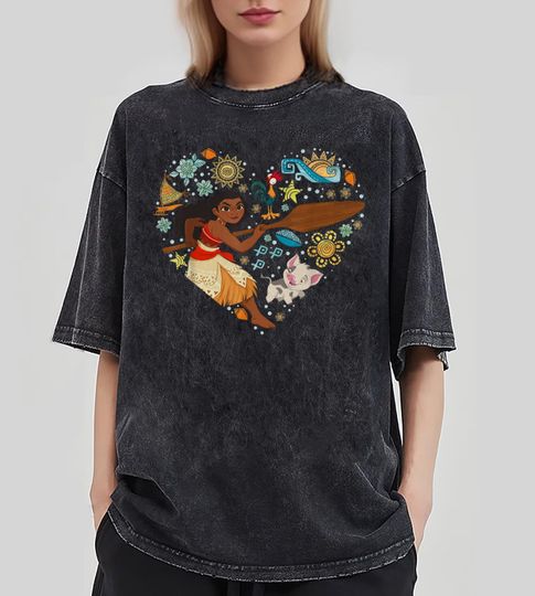 Moana Collage Heart Shirt, Moana Hei Hei Pua, Disney Princess Mineral Wash T-Shirt
