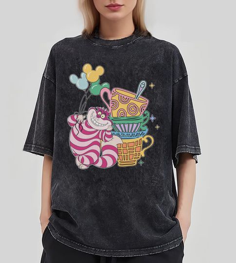 Alice in Wonderland Cheshire Cat With Balloon Tea Cup Shirt,  Disney Mineral Wash T-Shirt