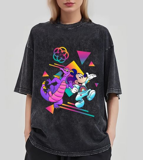 Retro 90s Figment Dragon And Mickey Mouse Shirt, Disney Epcot Washed T-shirt