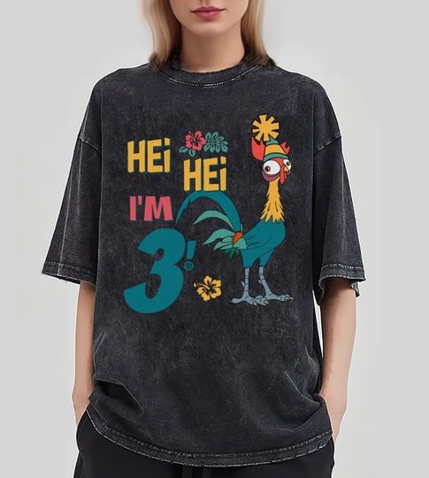 Custom Kids Age Moana Hei Hei Birthday Shirt, Disney Birthday Boy Girl Washed T-shirt