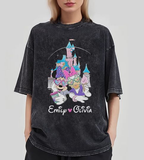 Custom Minnie and Daisy Disney Girls Shirt, Retro Disney Mineral Wash T-Shirt